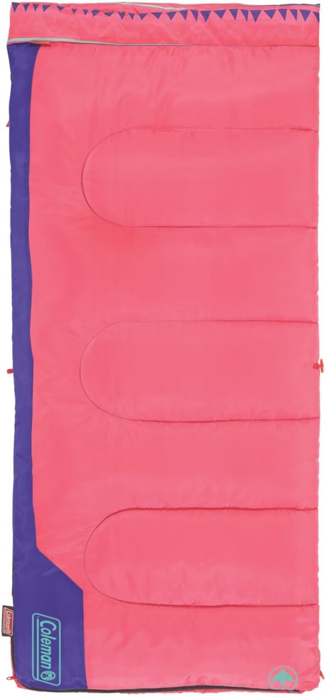 Coleman Kids 50°F Sleeping Bag, Comfortable Youth Sleeping Bag for Sleepovers & Camping, Fits Children up to 5ft Tall, Glow in The Dark Design, Stuff Sack Included, Machine Washable