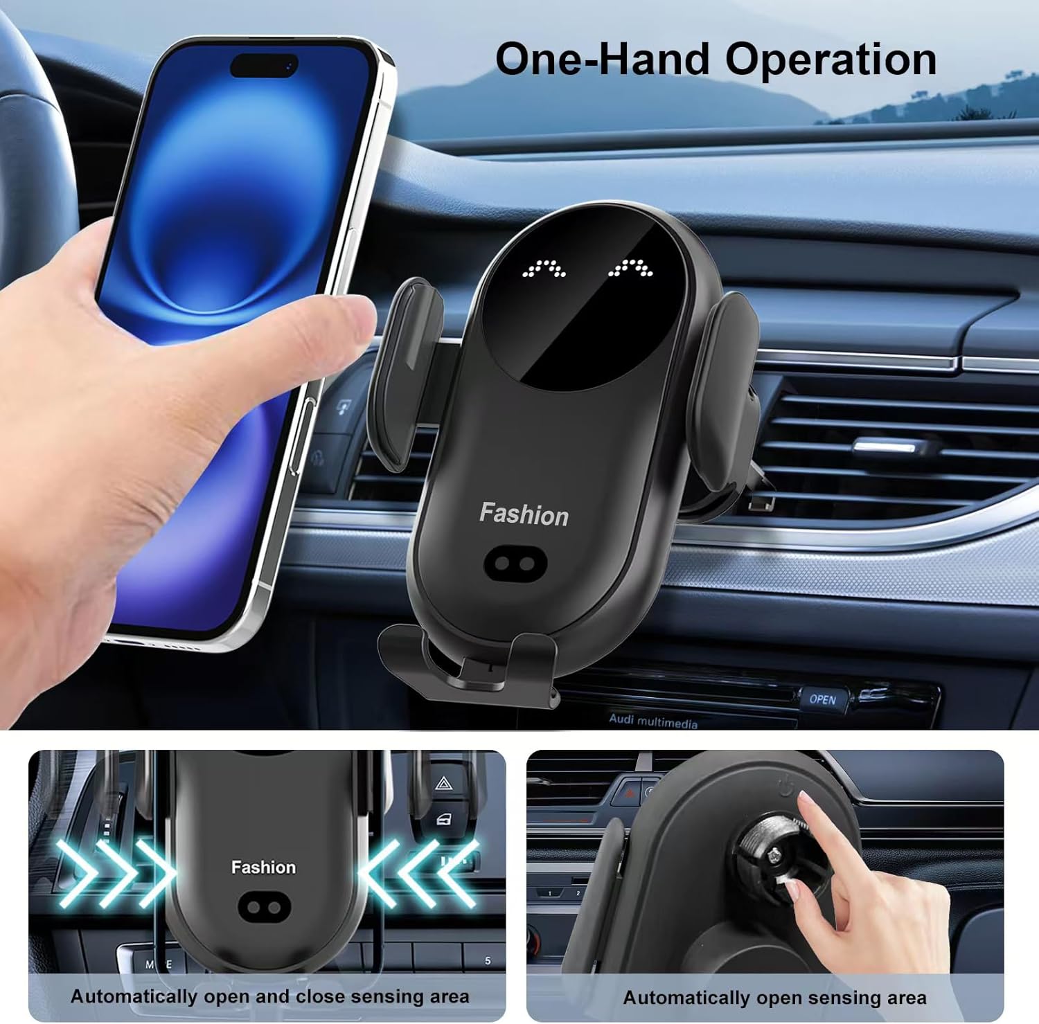 Wireless Car Charger Mount,MAX 15W Qi Fast Charger, Wireless Car Charger Air Vent, Automatic Clamping Phone Holder for iPhone 13/12/11//XS/XR/8, Samsung S22/S21/S20/Note 20, etc (Blue)