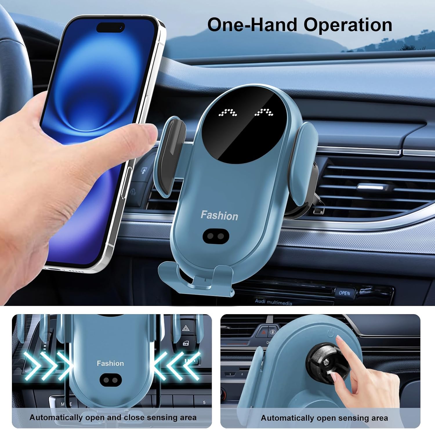 Wireless Car Charger Mount,MAX 15W Qi Fast Charger, Wireless Car Charger Air Vent, Automatic Clamping Phone Holder for iPhone 13/12/11//XS/XR/8, Samsung S22/S21/S20/Note 20, etc (Blue)