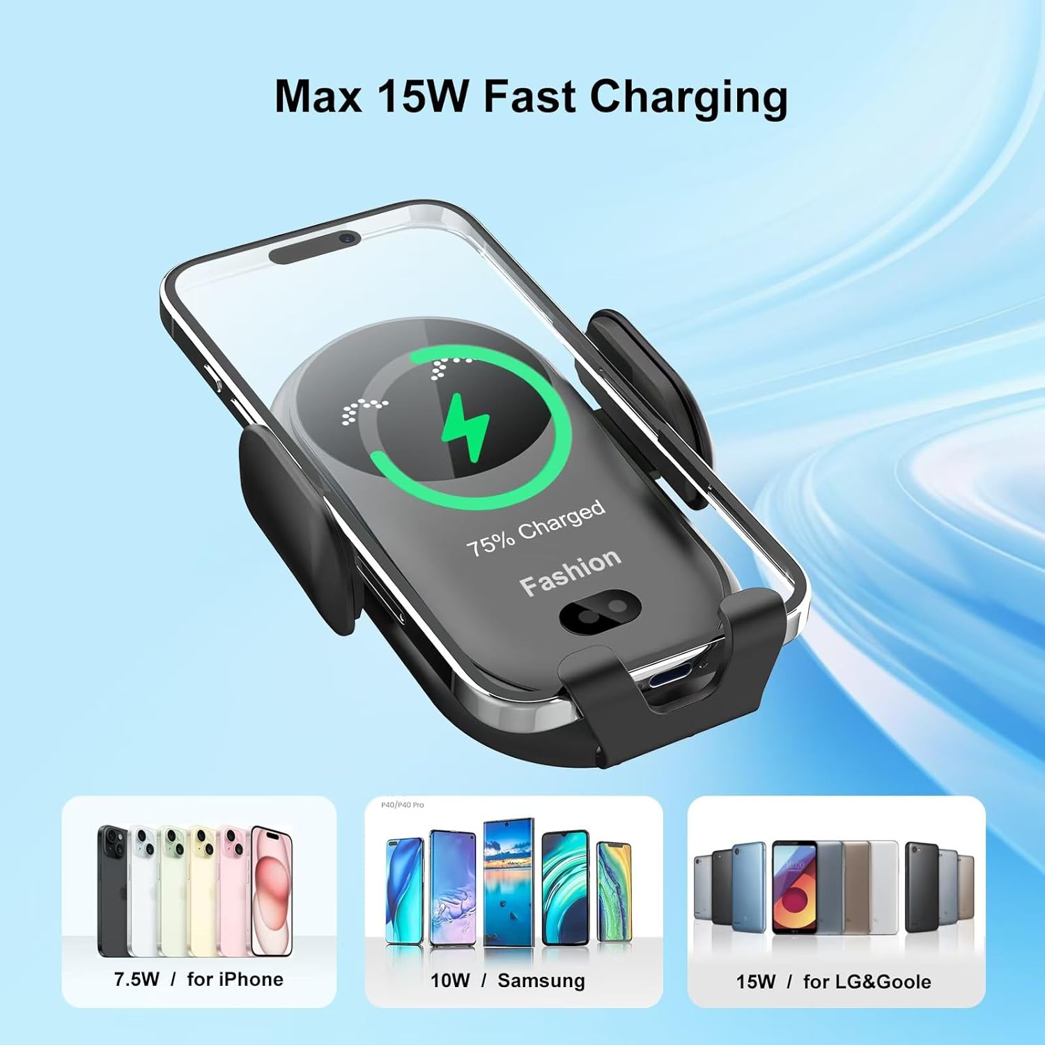 Wireless Car Charger Mount,MAX 15W Qi Fast Charger, Wireless Car Charger Air Vent, Automatic Clamping Phone Holder for iPhone 13/12/11//XS/XR/8, Samsung S22/S21/S20/Note 20, etc (Blue)
