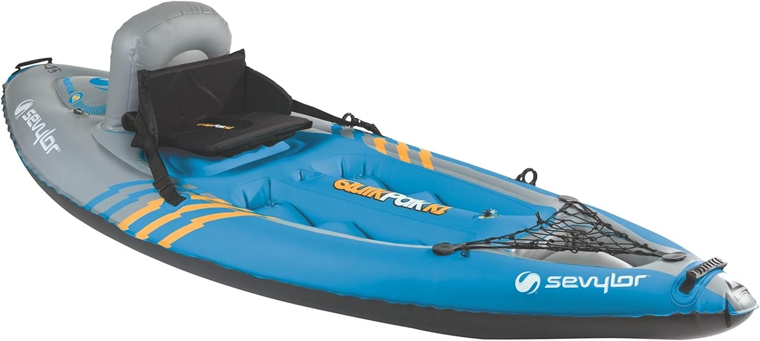 Sevylor QuickPak K1 1-Person Inflatable Kayak, Kayak Folds into Backpack with 5-Minute Setup, 21-Gauge PVC Construction; Hand Pump & Paddle Included