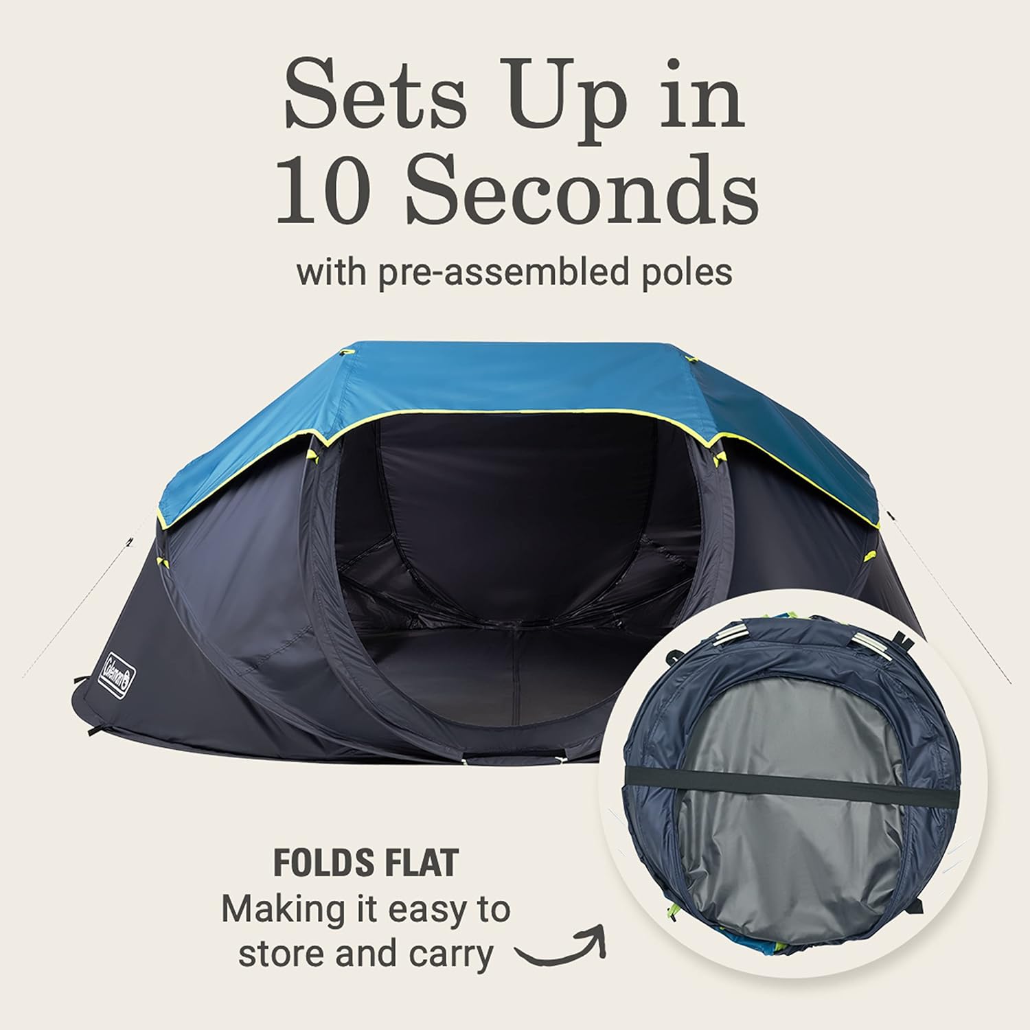 Coleman Pop-Up Camping Tent with Dark Room Technology, 2/4 Person Tent Sets Up in 10 Seconds & Blocks 90% of Sunlight, Includes Pre-Assembled Poles, Adjustable Rainfly, & Taped Floor Seams