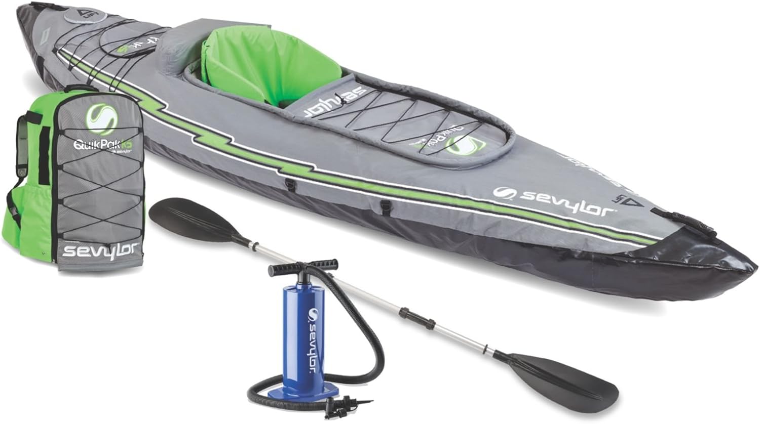 Sevylor QuickPak K5 24 Gauge PVC Polyester 1 Person Inflatable Kayak w/Hand Pump, Paddle, Double Lock Valves and Easy To Carry Backpack System, Gray