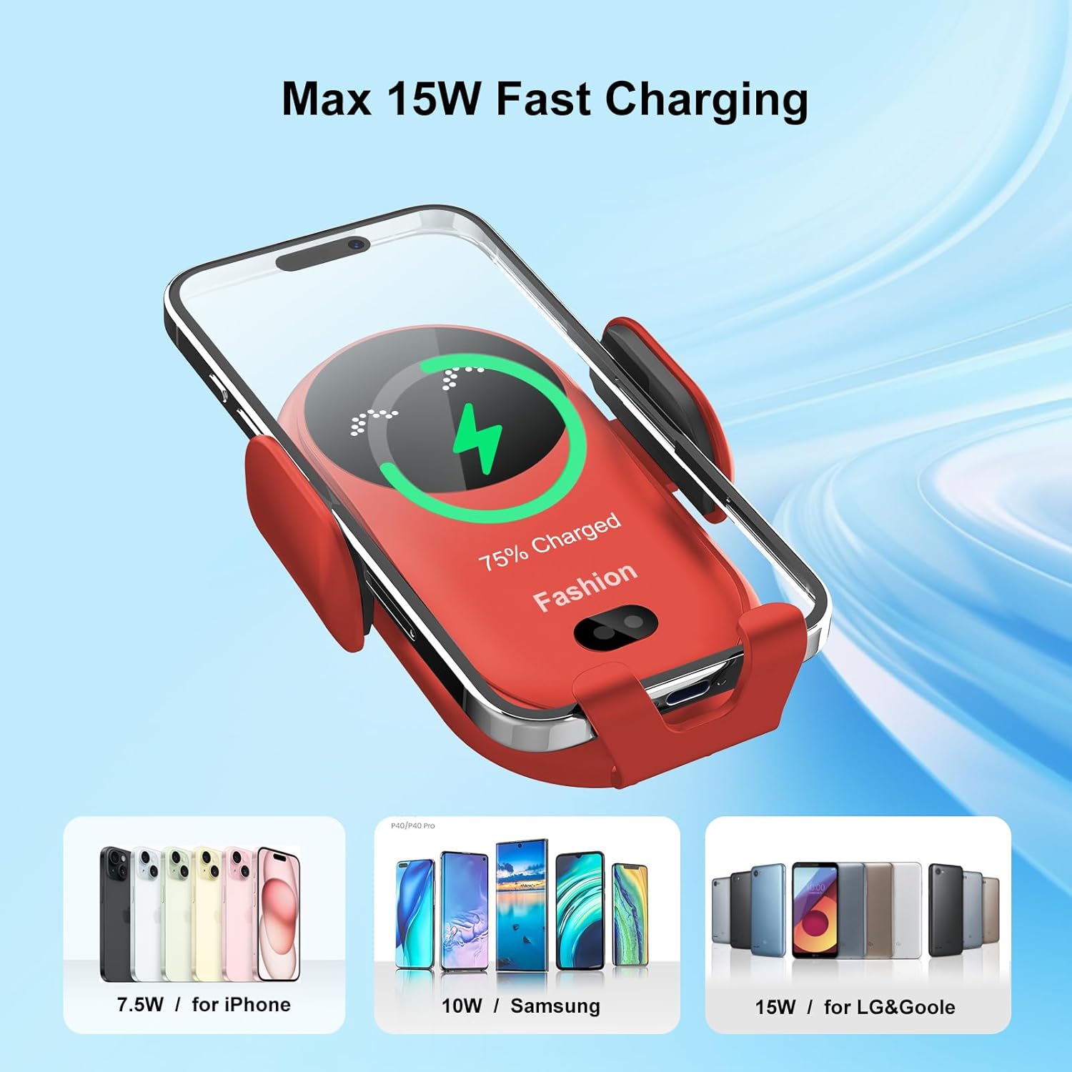 Wireless Car Charger Mount,MAX 15W Qi Fast Charger, Wireless Car Charger Air Vent, Automatic Clamping Phone Holder for iPhone 13/12/11//XS/XR/8, Samsung S22/S21/S20/Note 20, etc (Blue)