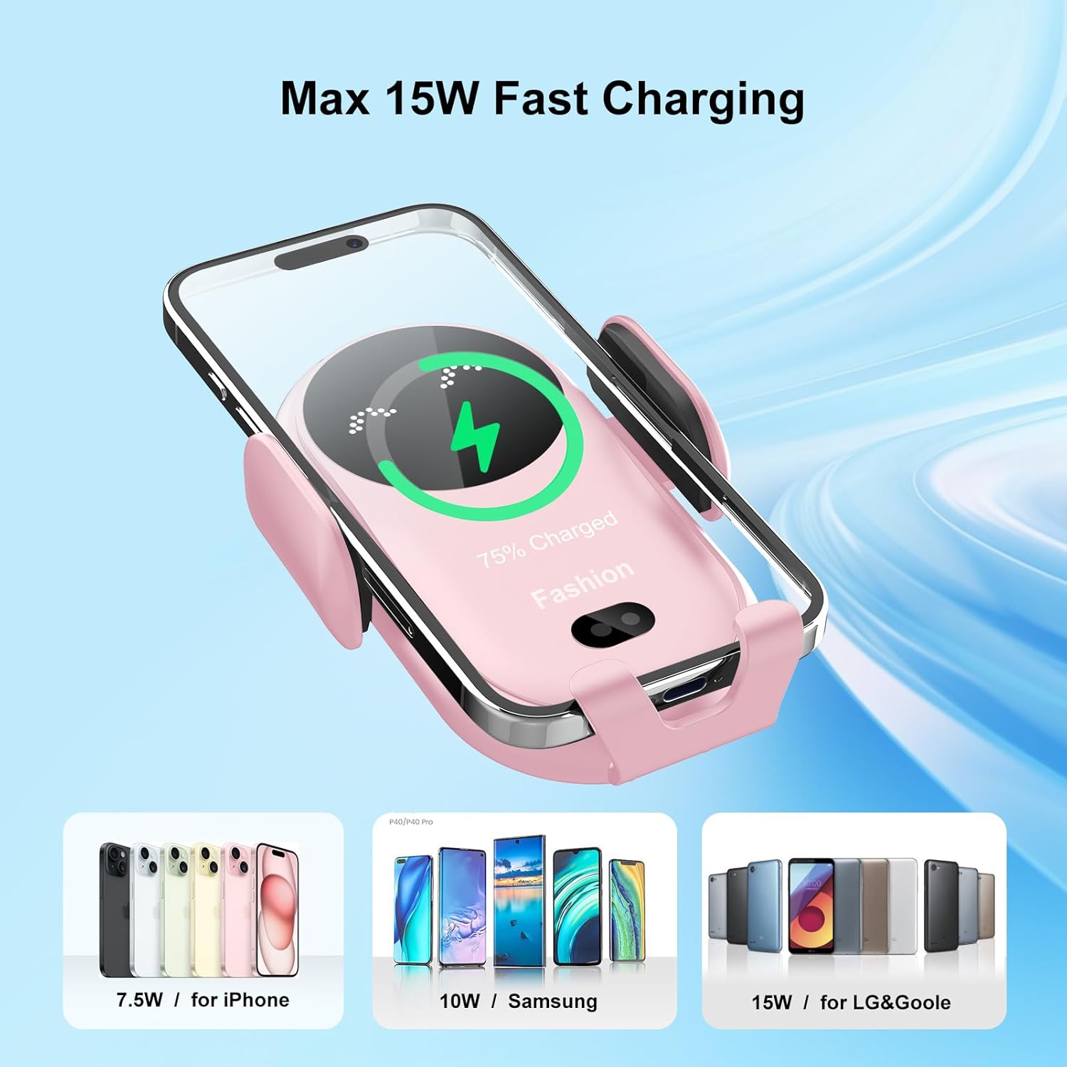 Wireless Car Charger Mount,MAX 15W Qi Fast Charger, Wireless Car Charger Air Vent, Automatic Clamping Phone Holder for iPhone 13/12/11//XS/XR/8, Samsung S22/S21/S20/Note 20, etc (Blue)