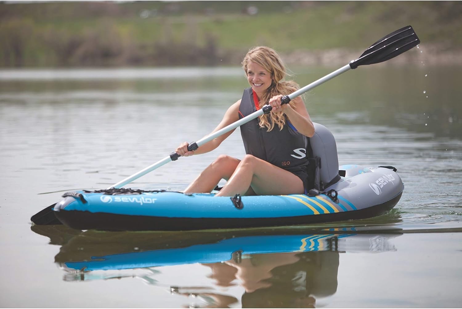 Sevylor QuickPak K1 1-Person Inflatable Kayak, Kayak Folds into Backpack with 5-Minute Setup, 21-Gauge PVC Construction; Hand Pump & Paddle Included