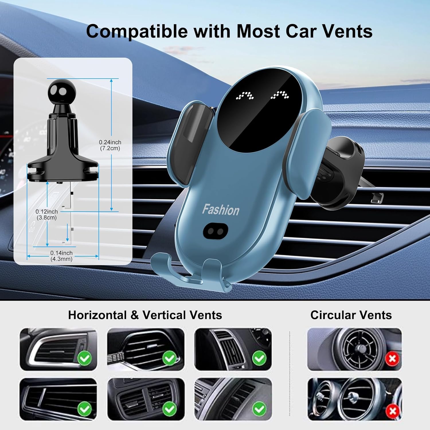 Wireless Car Charger Mount,MAX 15W Qi Fast Charger, Wireless Car Charger Air Vent, Automatic Clamping Phone Holder for iPhone 13/12/11//XS/XR/8, Samsung S22/S21/S20/Note 20, etc (Blue)