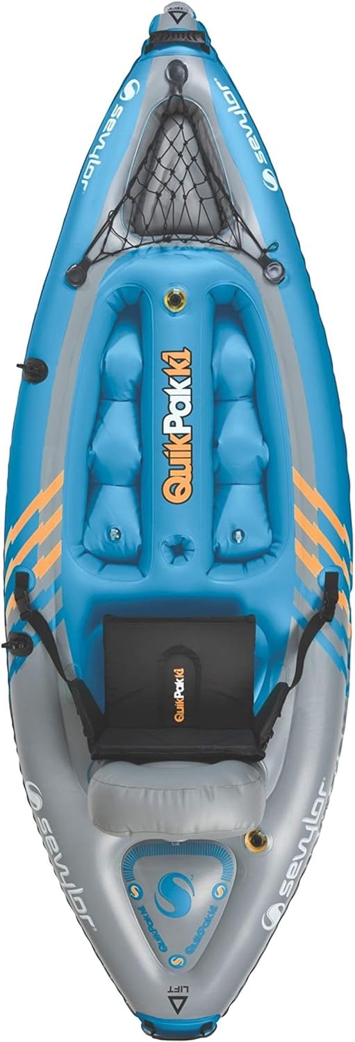Sevylor QuickPak K1 1-Person Inflatable Kayak, Kayak Folds into Backpack with 5-Minute Setup, 21-Gauge PVC Construction; Hand Pump & Paddle Included