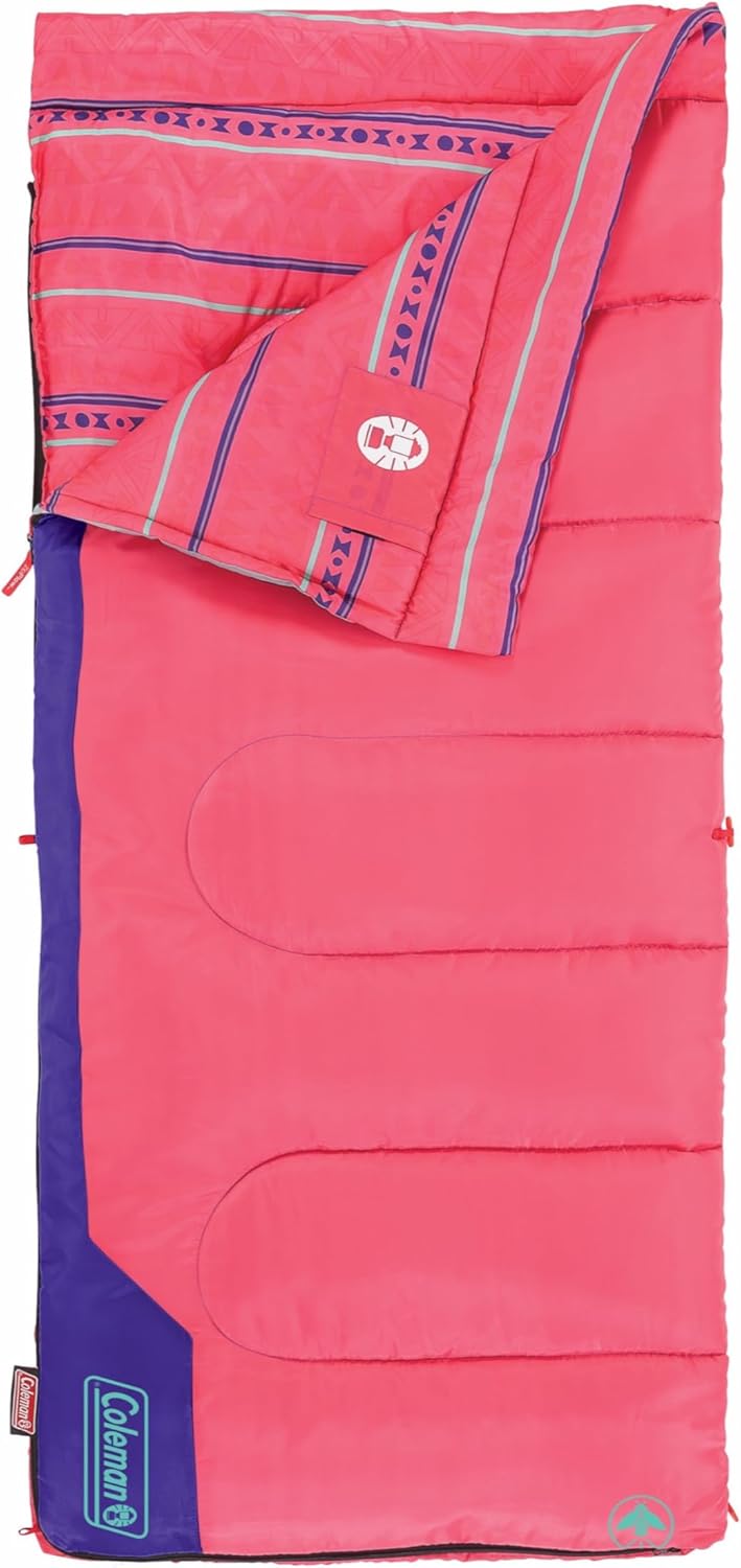 Coleman Kids 50°F Sleeping Bag, Comfortable Youth Sleeping Bag for Sleepovers & Camping, Fits Children up to 5ft Tall, Glow in The Dark Design, Stuff Sack Included, Machine Washable