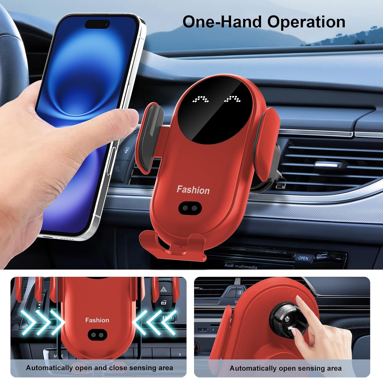 Wireless Car Charger Mount,MAX 15W Qi Fast Charger, Wireless Car Charger Air Vent, Automatic Clamping Phone Holder for iPhone 13/12/11//XS/XR/8, Samsung S22/S21/S20/Note 20, etc (Blue)