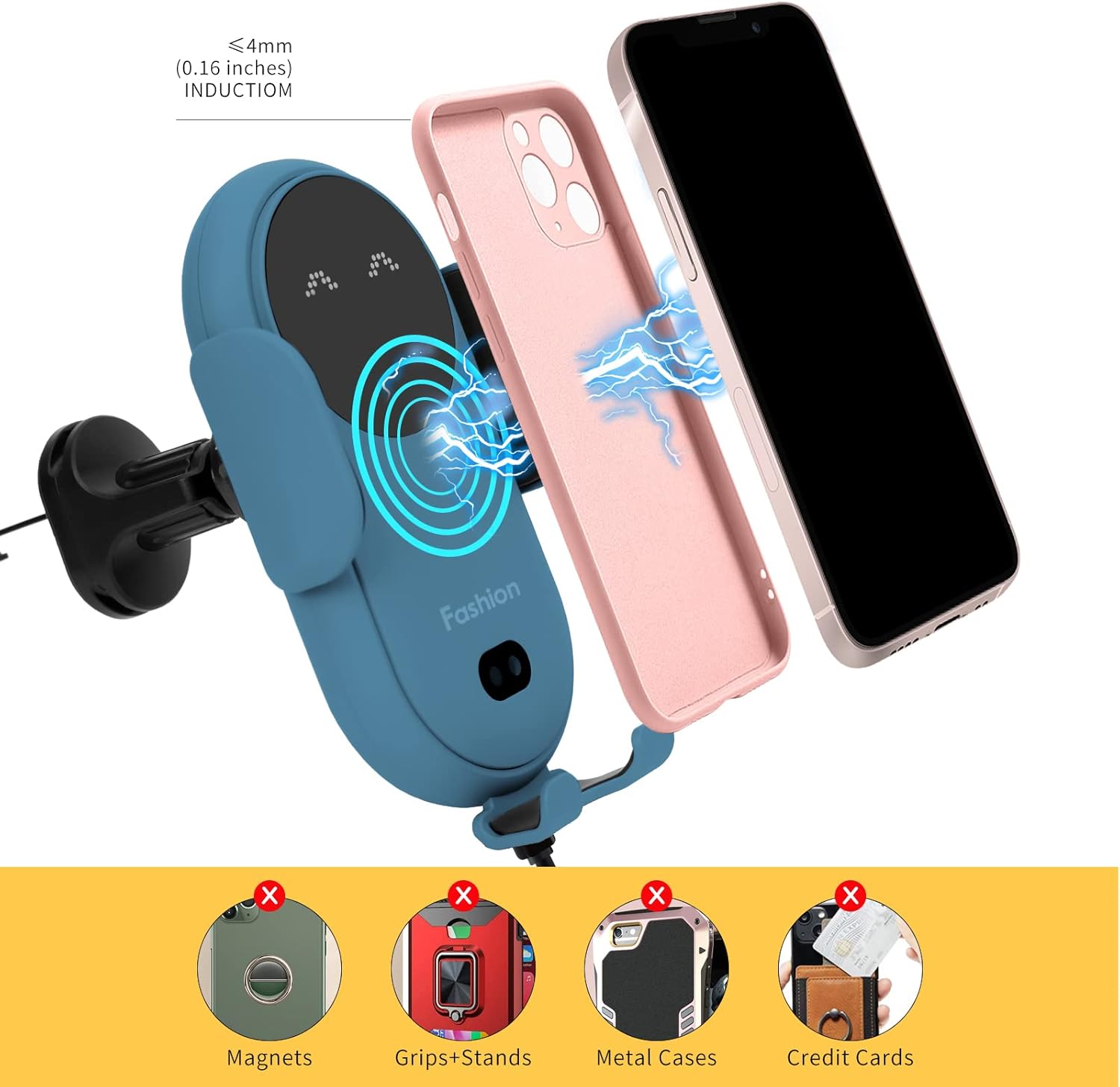 Wireless Car Charger Mount,MAX 15W Qi Fast Charger, Wireless Car Charger Air Vent, Automatic Clamping Phone Holder for iPhone 13/12/11//XS/XR/8, Samsung S22/S21/S20/Note 20, etc (Blue)