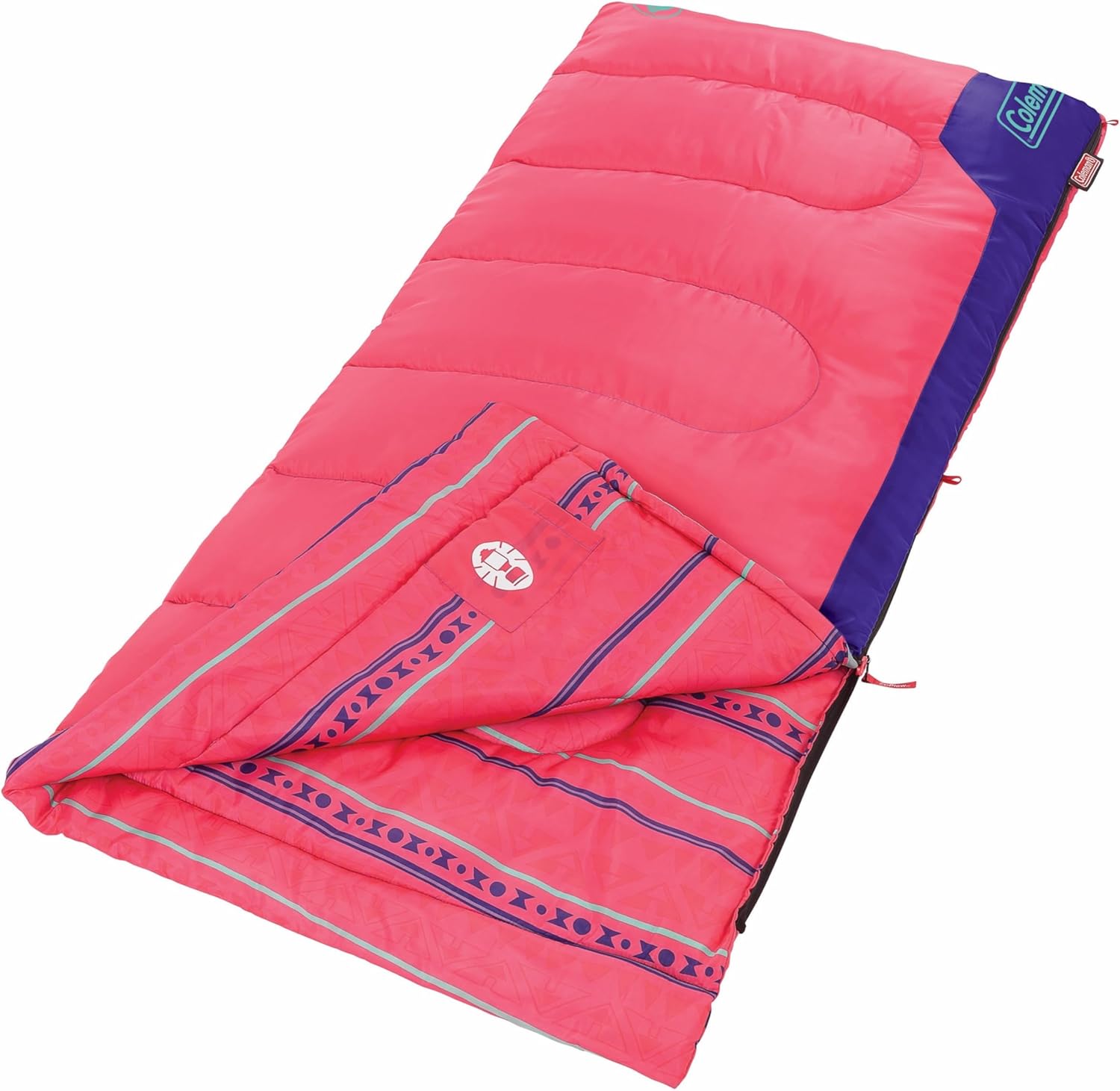 Coleman Kids 50°F Sleeping Bag, Comfortable Youth Sleeping Bag for Sleepovers & Camping, Fits Children up to 5ft Tall, Glow in The Dark Design, Stuff Sack Included, Machine Washable
