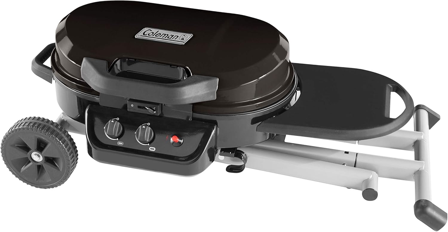 Coleman RoadTrip 225 Portable Stand-Up Propane Grill, Gas Grill with Push-Button Starter, Folding Legs & Wheels, Side Table, & 11,000 BTUs of Power for Camping, Tailgating, Grilling & More