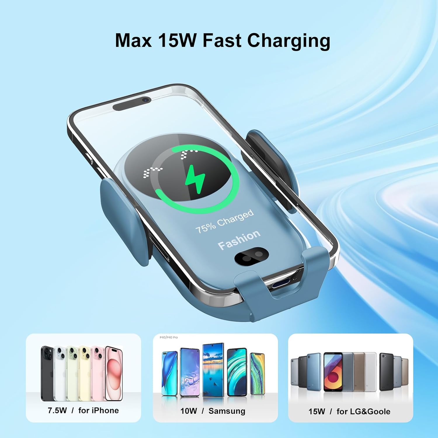 Wireless Car Charger Mount,MAX 15W Qi Fast Charger, Wireless Car Charger Air Vent, Automatic Clamping Phone Holder for iPhone 13/12/11//XS/XR/8, Samsung S22/S21/S20/Note 20, etc (Blue)