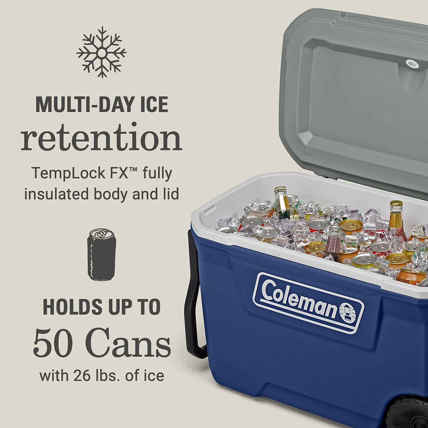 Coleman 316 Series Insulated Portable Cooler with Heavy Duty Wheels, Leak-Proof Wheeled Cooler with 100+ Can Capacity, Keeps Ice for up to 5 Days, Great for Beach, Camping, Tailgating, Sports, & More