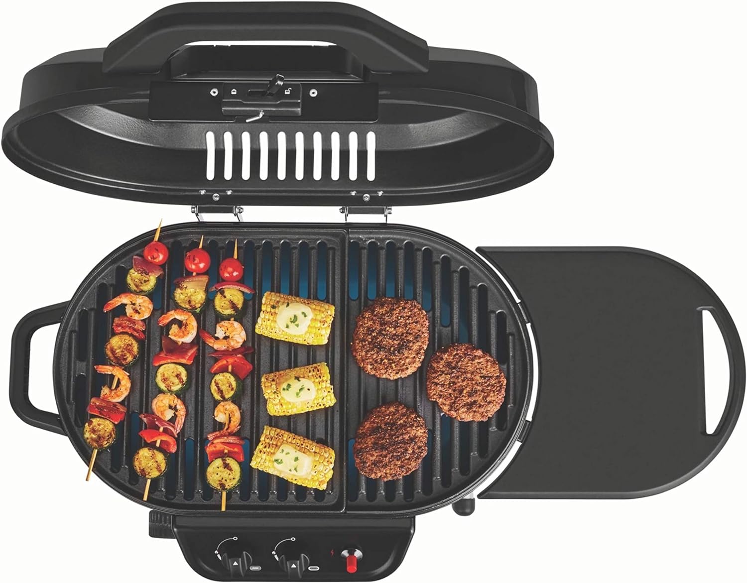 Coleman RoadTrip 225 Portable Stand-Up Propane Grill, Gas Grill with Push-Button Starter, Folding Legs & Wheels, Side Table, & 11,000 BTUs of Power for Camping, Tailgating, Grilling & More