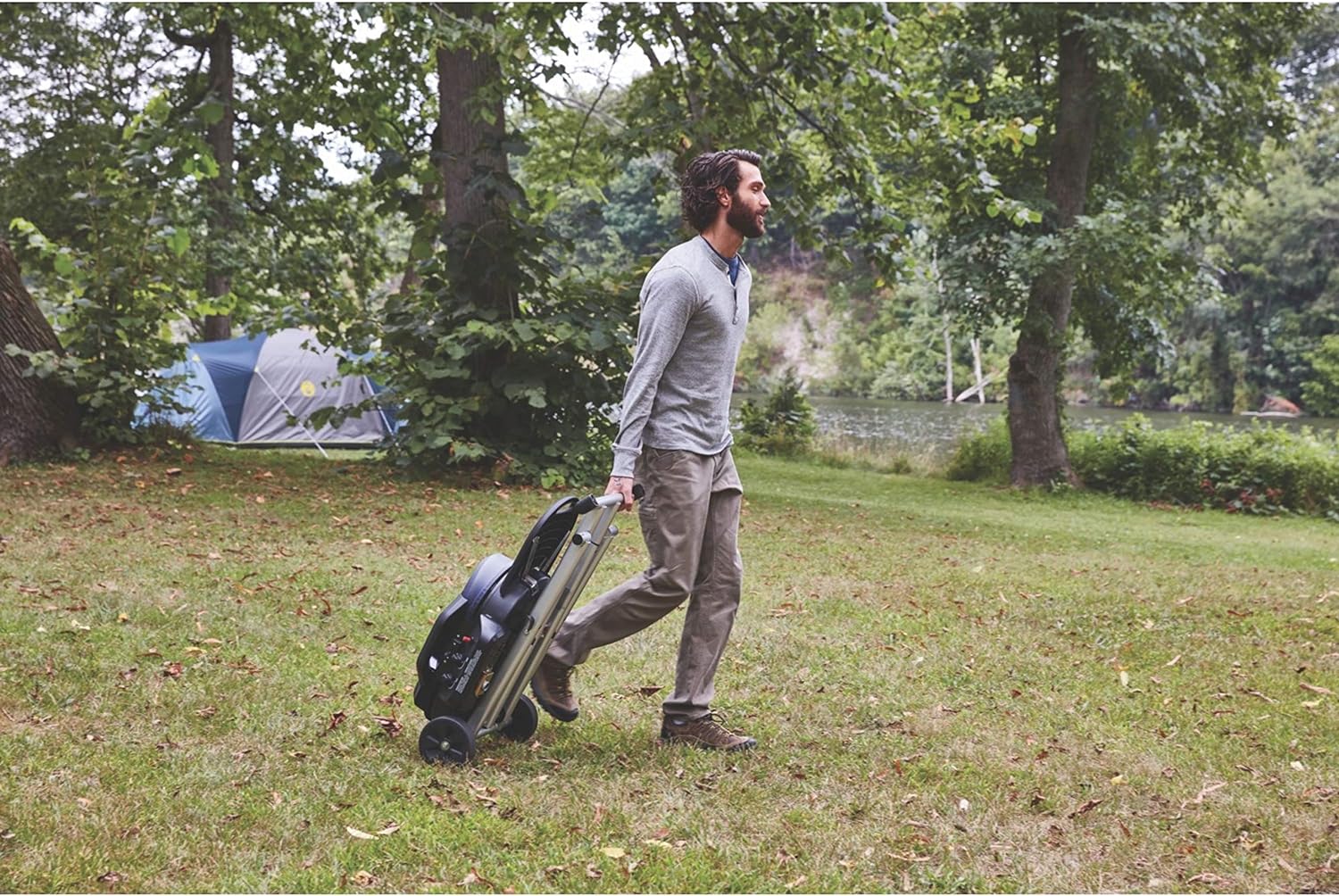 Coleman RoadTrip 225 Portable Stand-Up Propane Grill, Gas Grill with Push-Button Starter, Folding Legs & Wheels, Side Table, & 11,000 BTUs of Power for Camping, Tailgating, Grilling & More