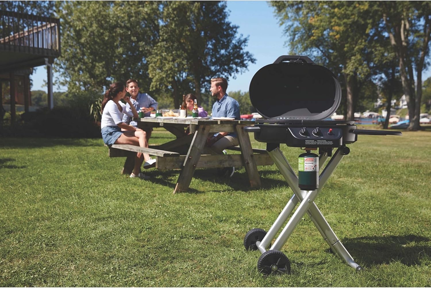 Coleman RoadTrip 225 Portable Stand-Up Propane Grill, Gas Grill with Push-Button Starter, Folding Legs & Wheels, Side Table, & 11,000 BTUs of Power for Camping, Tailgating, Grilling & More