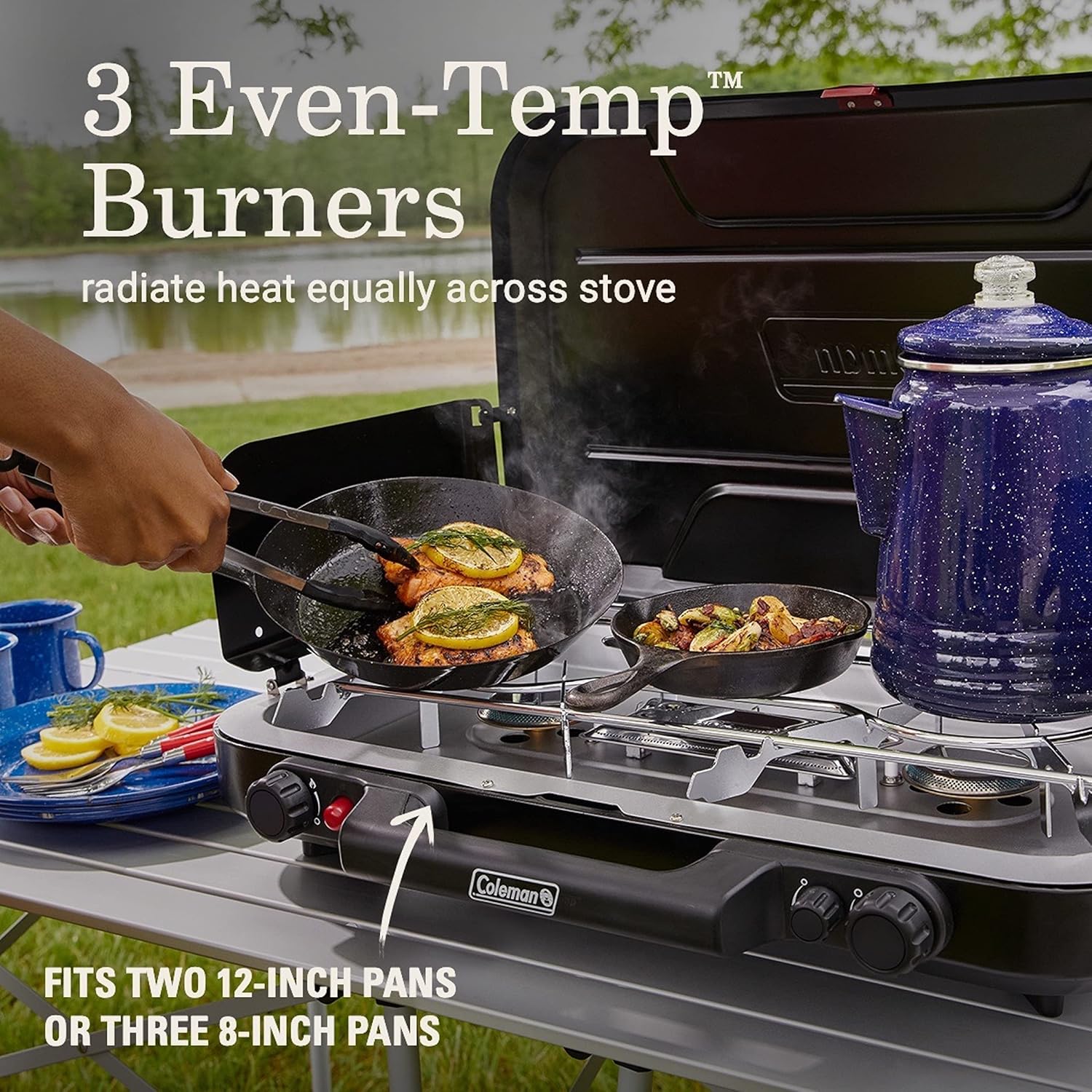 Coleman Classic 3-Burner Propane Camping Stove, Portable Camp Stove with 3 Adjustable Burners & Push-Button Instant Ignition, 28,000 BTUs for Camping, Tailgating, Grilling, BBQs, & More