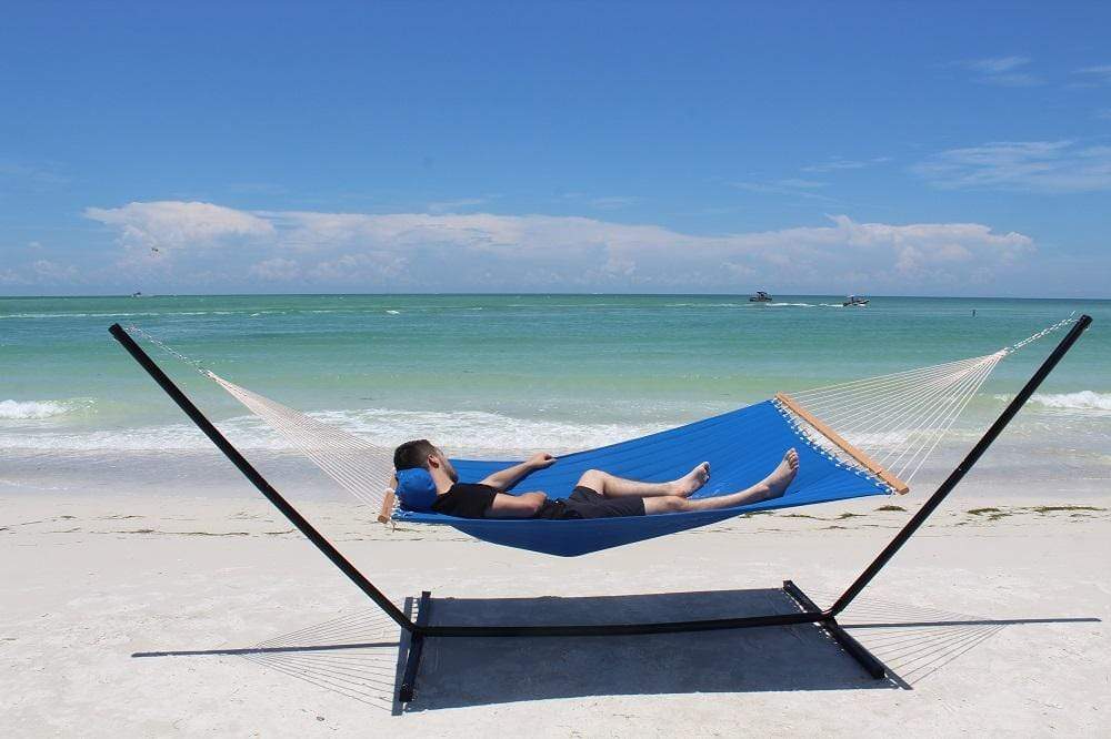 Olefin Double Quilted Hammock with Matching Pillow and Eco-Friendly Bamboo Stand